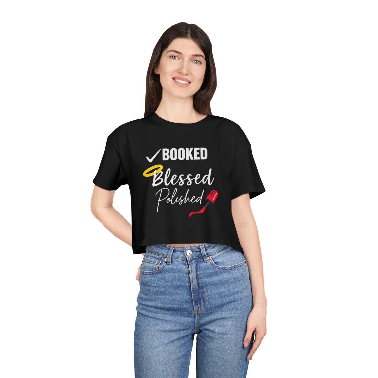 Stylish Women's Crop Tee - Booked, Blessed, Polished, Perfect for Nail Salons, Brunch, Birthday Gifts, Everyday Wear